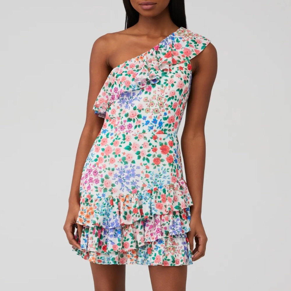 Yumi Kim Skylar One Shoulder White Floral Mini Dress with Ruffles Ruffled Hem